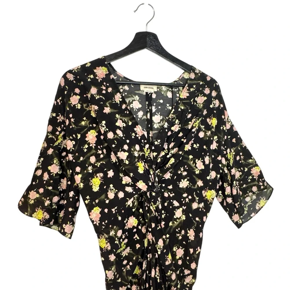 Zadig & Voltaire Black Floral Rozom Soft Crinkle Roses Summer Slim Mini Dress - Picture 6 of 9